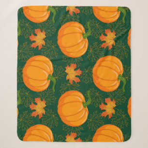 Orange Pumpkin Autumn Leaves Pattern Sherpa Blanket