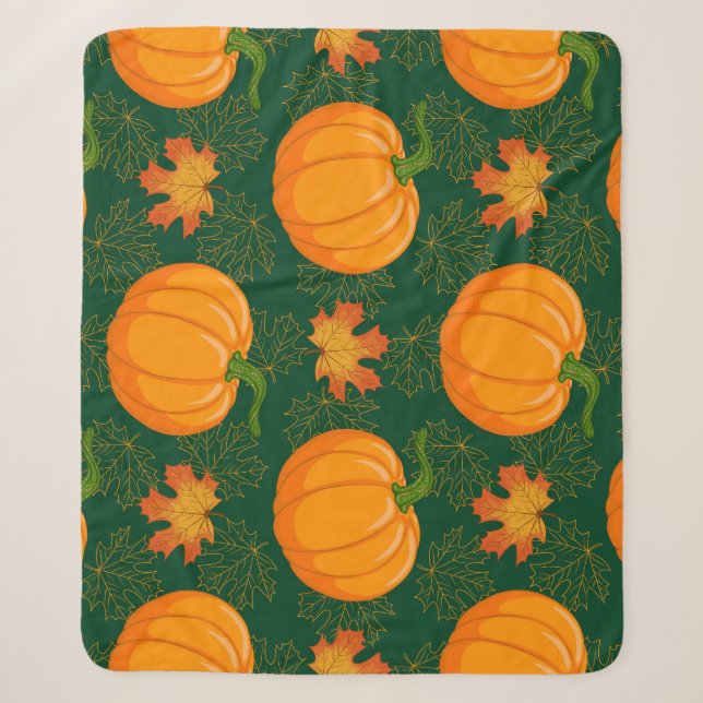 Orange Pumpkin Autumn Leaves Pattern Sherpa Blanket (Front)