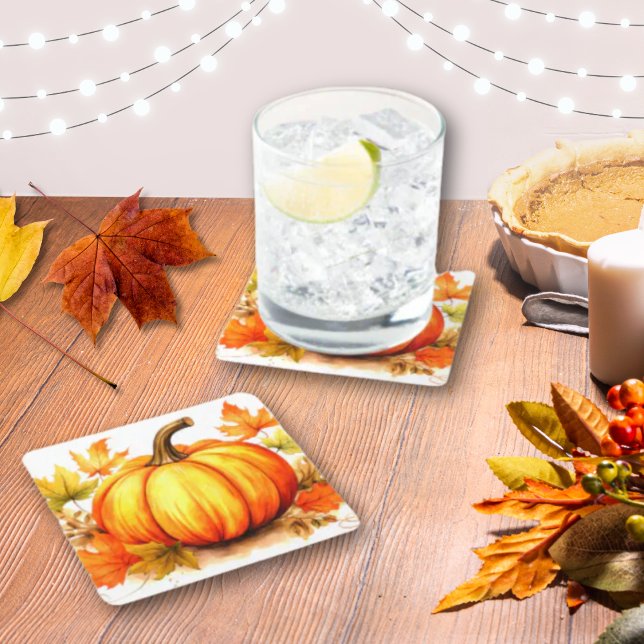 Orange Pumpkin & Autumn Leaves Seasonal Square Paper Coaster (Creator Uploaded)