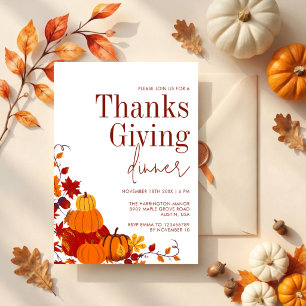 Orange Pumpkin Autumn Leaves Thanksgiving Dinner Invitation