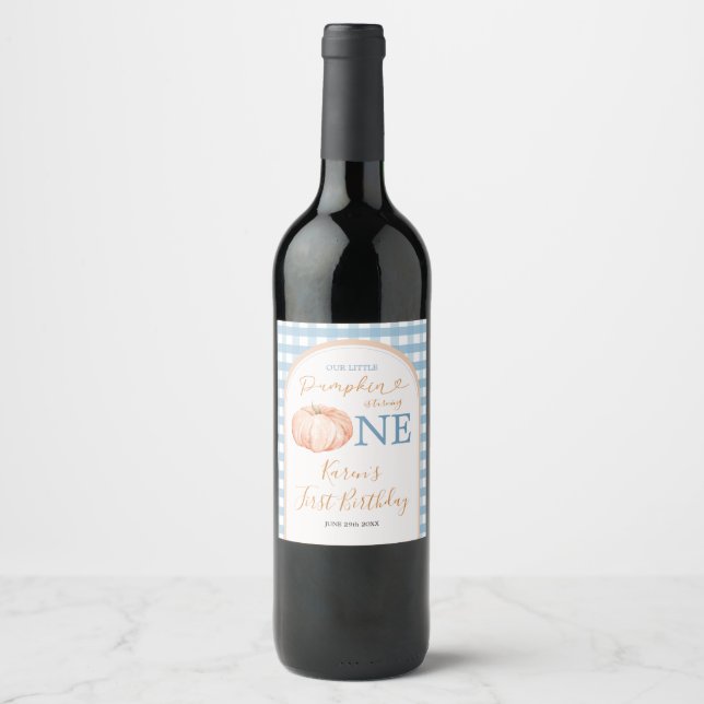 Orange Pumpkin Boho Blue Gingham 1st Birthday Wine Label (Front)