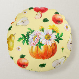 Orange pumpkin, chrysanthemum, pears, red apples o round pillow