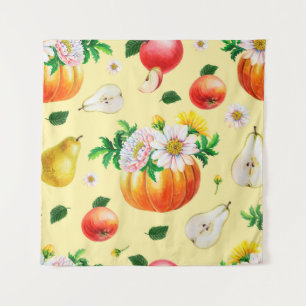 Orange pumpkin, chrysanthemum, pears, red apples o tapestry