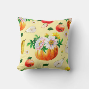 Orange pumpkin, chrysanthemum, pears, red apples o throw pillow