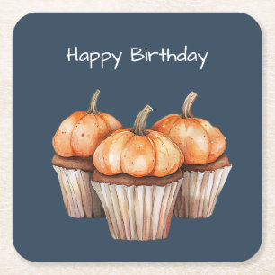 Orange Pumpkin Cupcakes Birthday Square Paper Coaster