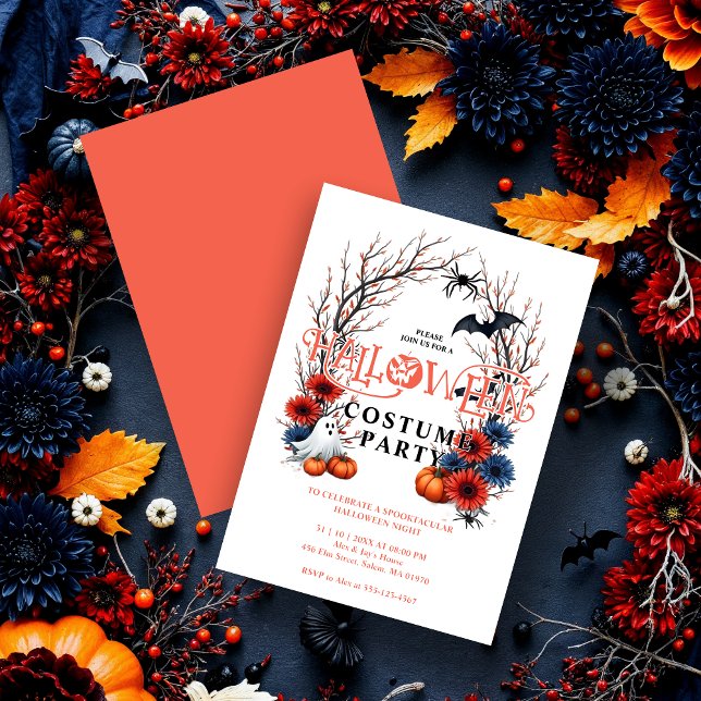 Orange Pumpkin Ghost Bats Spiders Halloween Invitation (Halloween Party Invitation Cards with Colorful Pumpkins, Ghosts, Bats, and Spiders on Back Orange.)