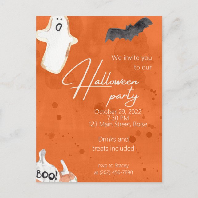 Orange Pumpkin & Ghost Halloween Party Invitation Postcard (Front)