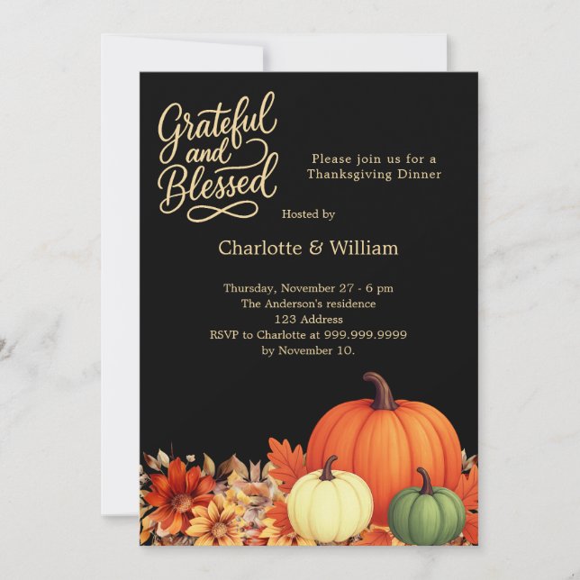 Orange pumpkin grateful black Thanksgiving Dinner Invitation (Front)