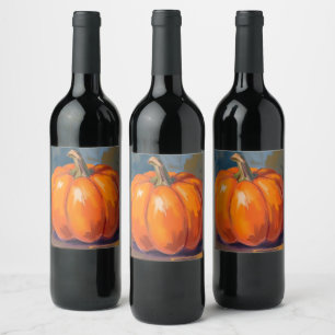 Orange Pumpkin Halloween Thanksgiving Watercolor Wine Label