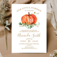 Orange Pumpkin Is Turning ONE Birthday Floral Invi