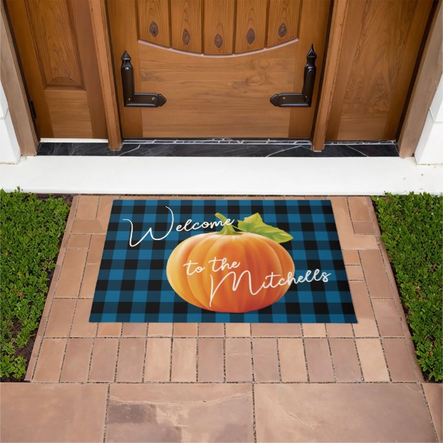Orange Pumpkin On Black Blue Check Pattern Welcome Doormat (Outdoor)