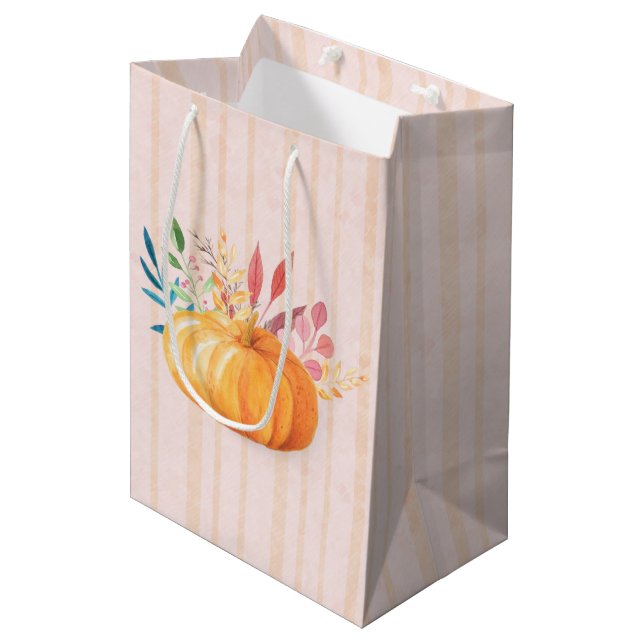 Orange Pumpkin on Pink and Gold Stripes Medium Gift Bag (Front Angled)