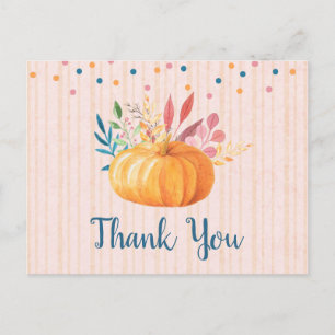 Orange Pumpkin on Pink and Gold Stripes Thank You Postcard