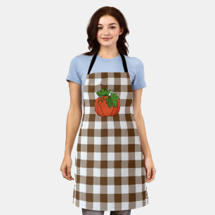 Orange Pumpkin on White Brown Chequered Pattern Apron