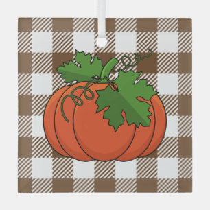 Orange Pumpkin on White Brown Chequered Pattern Glass Ornament