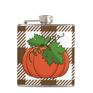 Orange Pumpkin on White Brown Chequered Pattern Hip Flask