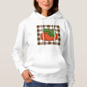 Orange Pumpkin on White Brown Chequered Pattern Hoodie