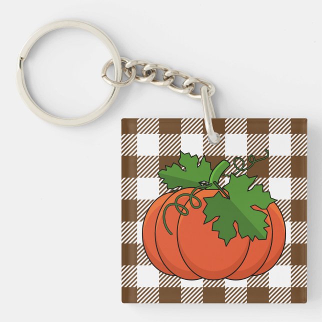 Orange Pumpkin on White Brown Chequered Pattern Keychain (Front)