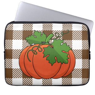 Orange Pumpkin on White Brown Chequered Pattern Laptop Sleeve