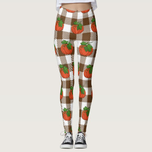 Orange Pumpkin on White Brown Chequered Pattern Leggings