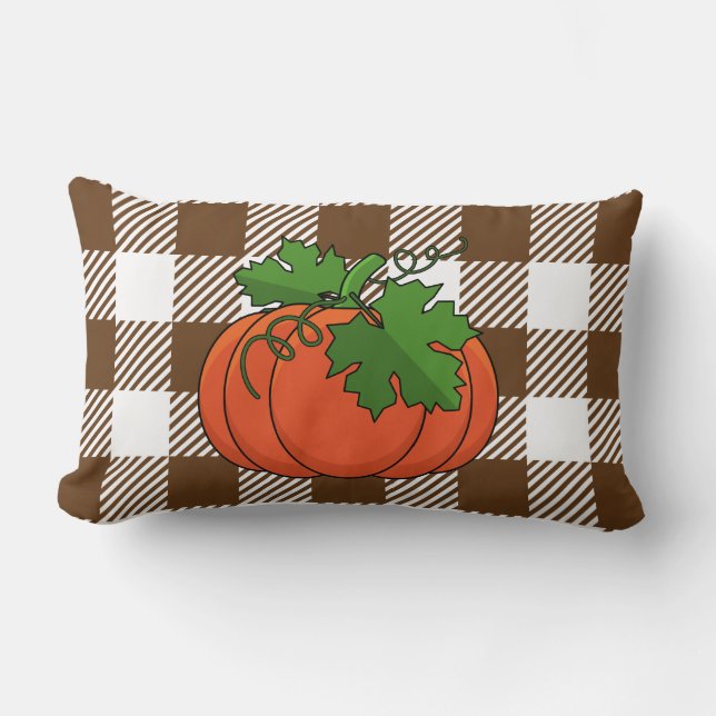 Orange Pumpkin on White Brown Chequered Pattern Lumbar Pillow (Front)