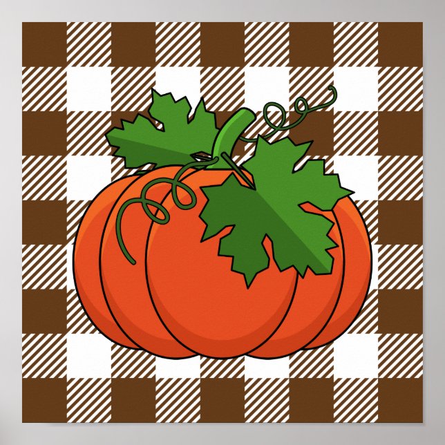 Orange Pumpkin on White Brown Chequered Pattern Poster (Front)