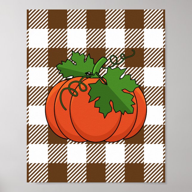 Orange Pumpkin on White Brown Chequered Pattern Poster (Front)