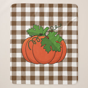Orange Pumpkin on White Brown Chequered Pattern Sherpa Blanket