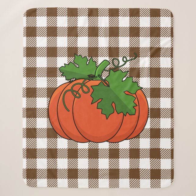 Orange Pumpkin on White Brown Chequered Pattern Sherpa Blanket (Front)