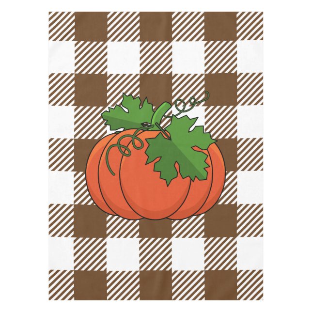 Orange Pumpkin on White Brown Chequered Pattern Tablecloth (Front)