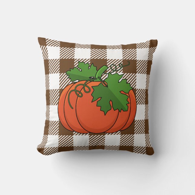 Orange Pumpkin on White Brown Chequered Pattern Throw Pillow (Front)