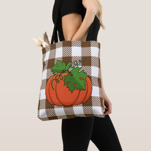 Orange Pumpkin on White Brown Chequered Pattern Tote Bag
