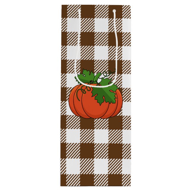 Orange Pumpkin on White Brown Chequered Pattern Wine Gift Bag (Front)