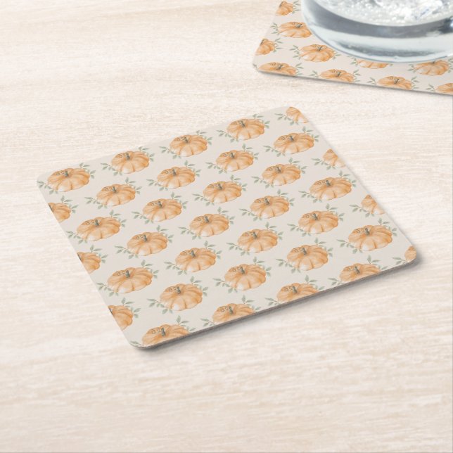 Orange Pumpkin Pattern Autumm Square Paper Coaster (Angled)