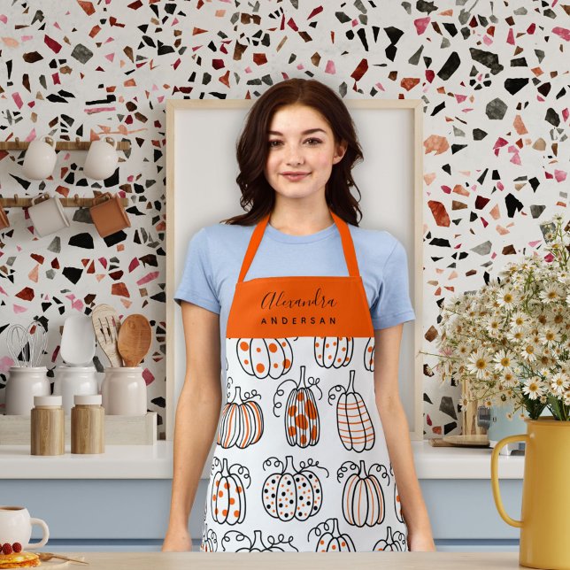 Orange Pumpkin Pattern Script Name Monogram Chef  Apron (Orange Pumpkin Pattern Script Name Monogram Chef Apron)