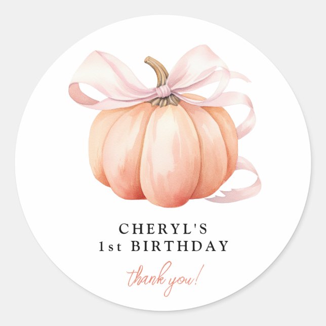 Orange Pumpkin Pink Bow 1st Birthday Classic Round Sticker (Front)