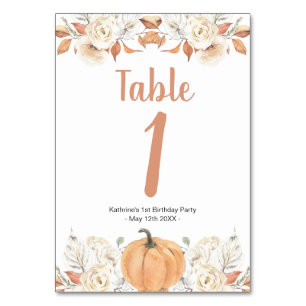 Orange Pumpkin Rustic Floral Birthday Table Number