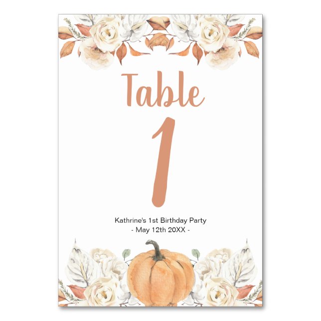 Orange Pumpkin Rustic Floral Birthday Table Number (Front)