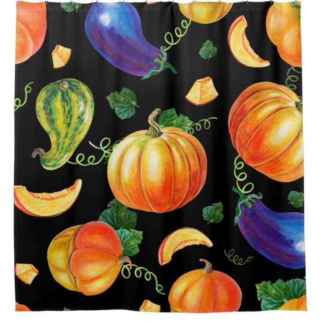 Orange pumpkin, Striped zucchini, blue eggplant on (Front)