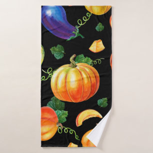 Orange pumpkin, Striped zucchini, blue eggplant on Bath Towel