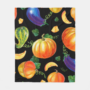 Orange pumpkin, Striped zucchini, blue eggplant on Fleece Blanket