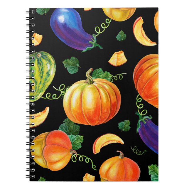 Orange pumpkin, Striped zucchini, blue eggplant on Notebook (Front)