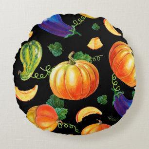 Orange pumpkin, Striped zucchini, blue eggplant on Round Pillow