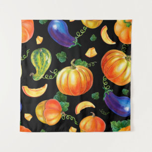 Orange pumpkin, Striped zucchini, blue eggplant on Tapestry