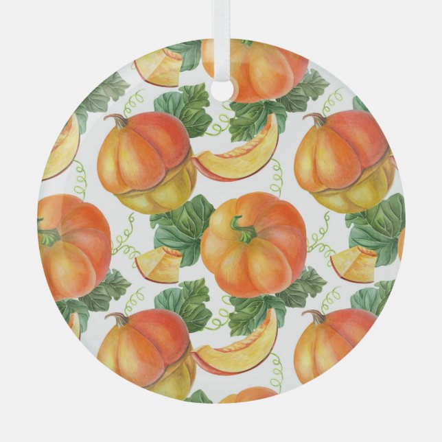 Orange Pumpkin: Summer-Autumn Vegetable Pattern. Glass Ornament (Front)
