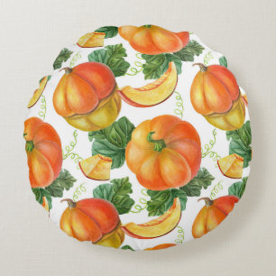 Orange Pumpkin: Summer-Autumn Vegetable Pattern. Round Pillow