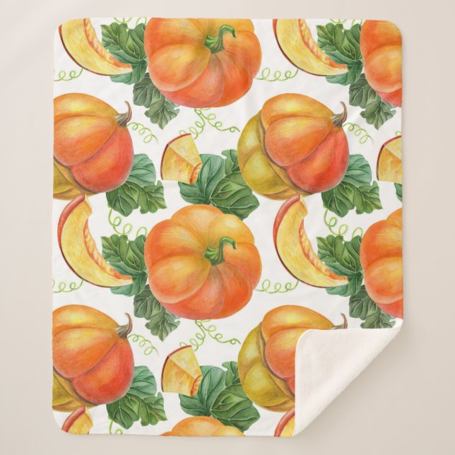 Orange Pumpkin: Summer-Autumn Vegetable Pattern. Sherpa Blanket (Front)