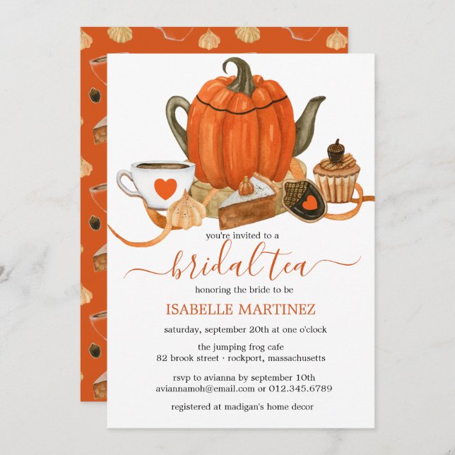 Orange Pumpkin Teapot Fall Bridal Tea Invitation (Front/Back)