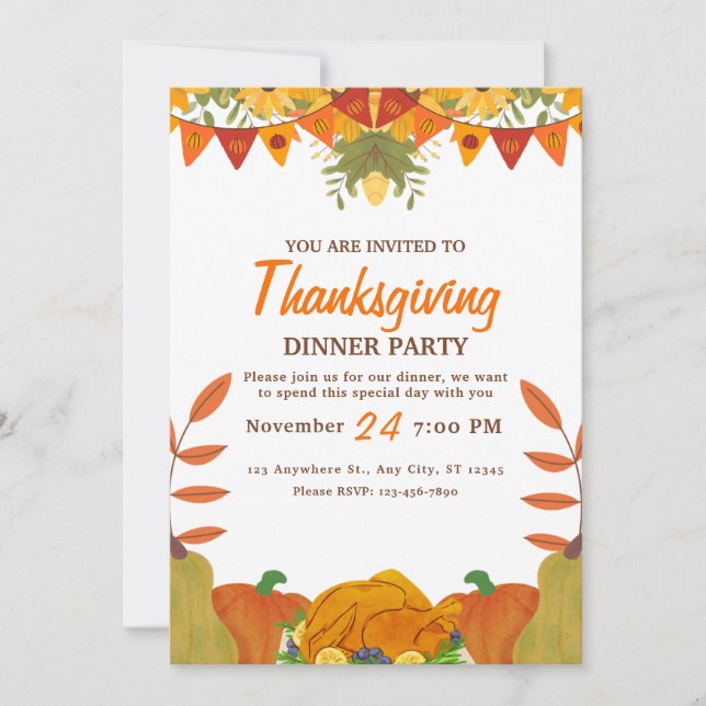 Orange Pumpkin Thanksgiving dinner party Printable Invitation (Front)