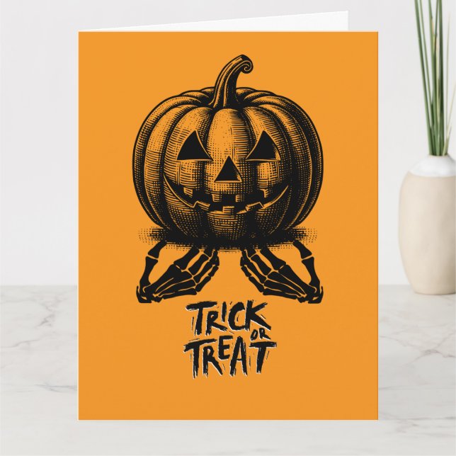 Orange Pumpkin Trick Or Treat Skull Hand Spooky Card (Front)